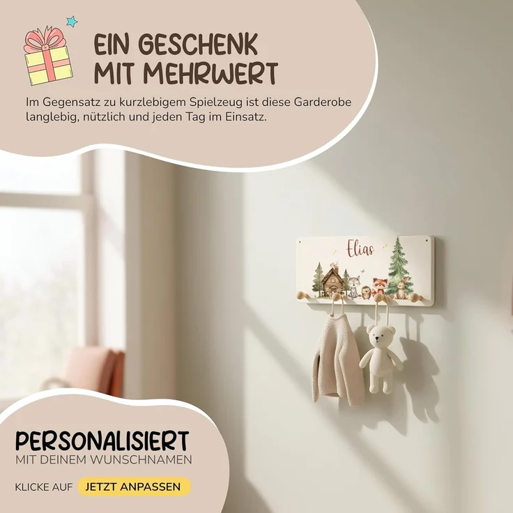 Kidsmood Kindergarderobe Personalisiert mit Namen, Kinderzimmer Möbel aus robustem Holz, Garderobenleiste Kinder, Baby Garderobe für Babyzimmer mit 4 Kleiderhaken Wand-Montage [40 x 20 x 1,5 cm] – Bild 4