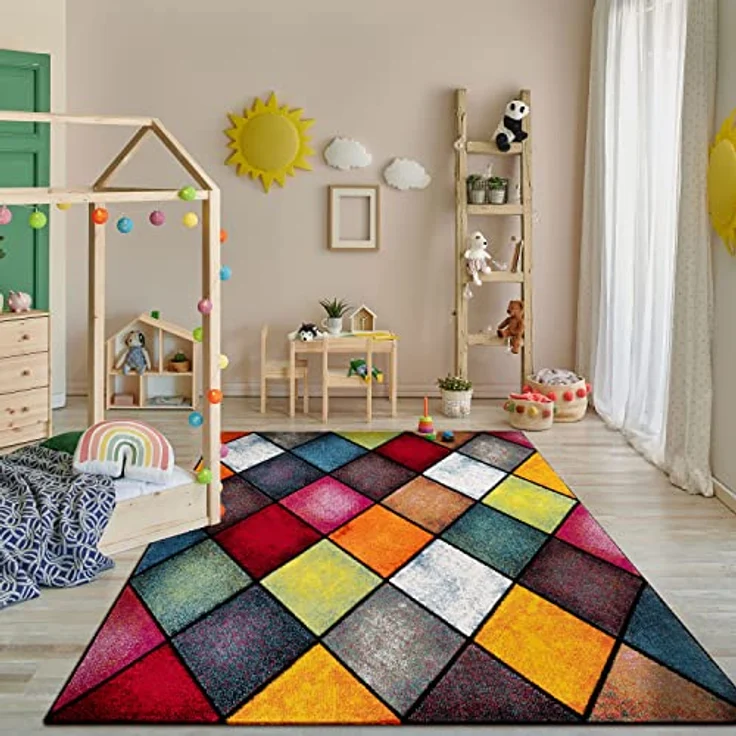Paco Home Teppich Wohnzimmer Kinderzimmer Kurzflor Moderne 3D Optik Kariert Geometrische Muster, Grösse:80x150 cm, Farbe:Bunt 3 – Bild 2