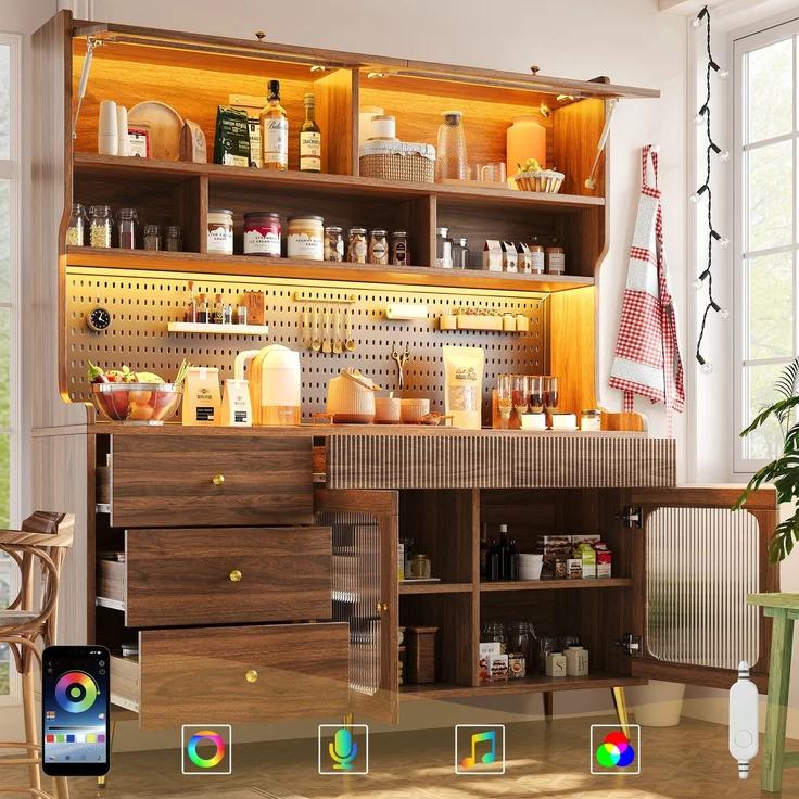 ZUBALIYA LED-Küchenschrank 145x39x171 cm, mit App-Steuerung, mit Stauraum, MDF/Glas, Nussbaum – Bild 2