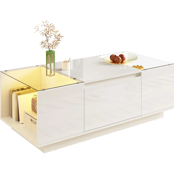LED-Couchtisch 105×50×35 cm Weiß Hochglanz Tisch mit Glasplatten, LED-Beleuchtung steuerbar via Bluetooth und App – Bild 9