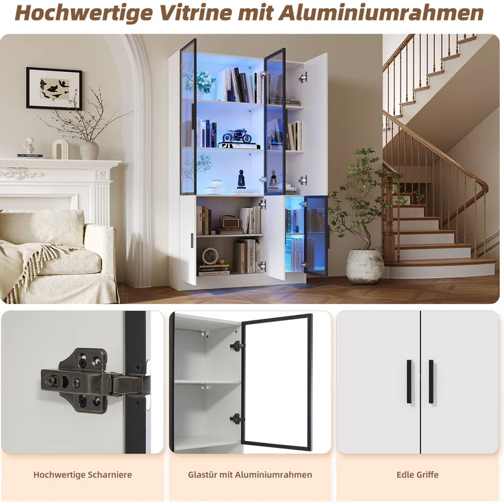 N625P3142394041W,Glasvitrine Glasschrank Tür 200cm hoch Vitrinenschrank mit LED Lichtern,MultiStorage Bücherregal für Sammlung Schlafzimmer Wohnzimmer Büro,Schrank mit Glastür mit Aluminiumrahmen – Bild 5