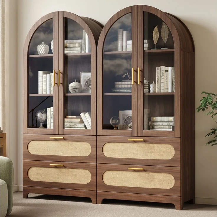 Flieks Vitrine Glasvitrine Montmartre-Bogen in Retro-Design Multifunktionsschrank (2er Set, 2-St, Mehrzweckschrank mit verstellbaren Einlegeböden, H175xB80xT40cm) Hochschrank mit Glastür, Rattan Schubladen Bücherregal Walnussfarbe – Bild 1