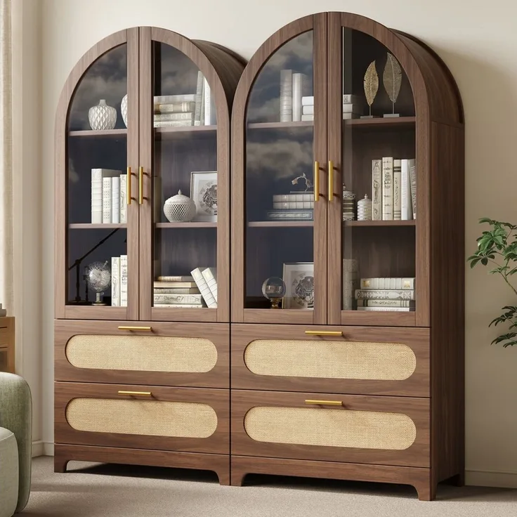 Flieks Vitrine Glasvitrine Montmartre-Bogen in Retro-Design Multifunktionsschrank (2er Set, 2-St, Mehrzweckschrank mit verstellbaren Einlegeböden, H175xB80xT40cm) Hochschrank mit Glastür, Rattan Schubladen Bücherregal Walnussfarbe