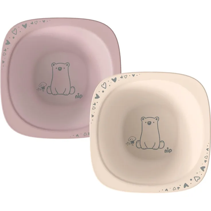 nip 2x Breischale für Babys ab 4 Monaten bruchfest stapelbar, rosa | ergonomische leichte Baby Kleinkind Schüssel für Beikost Babybrei Porridge Müsli, spülmaschinengeeignet mikrowellengeeignet