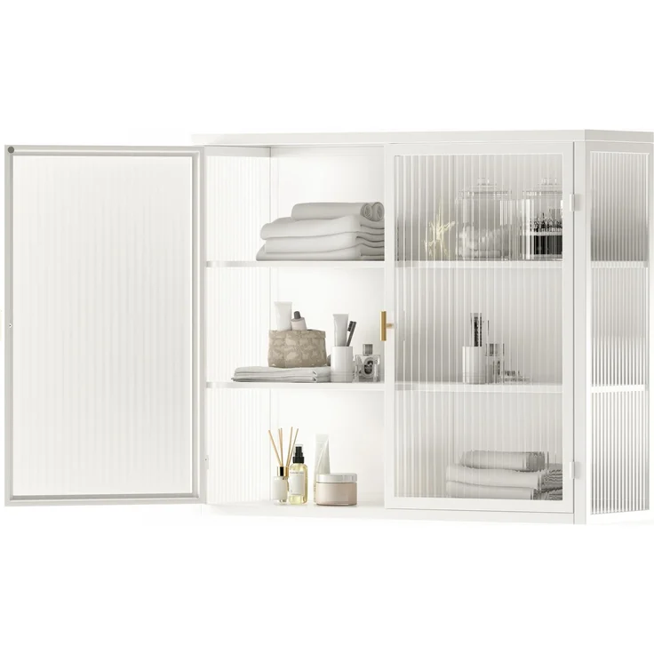 DESVIAE Sideboard Wandschrank Weiß aus Metall/gehärtetem Glas – 70x60x23 cm – 2 Türen, 3 Ablagen – Bild 5
