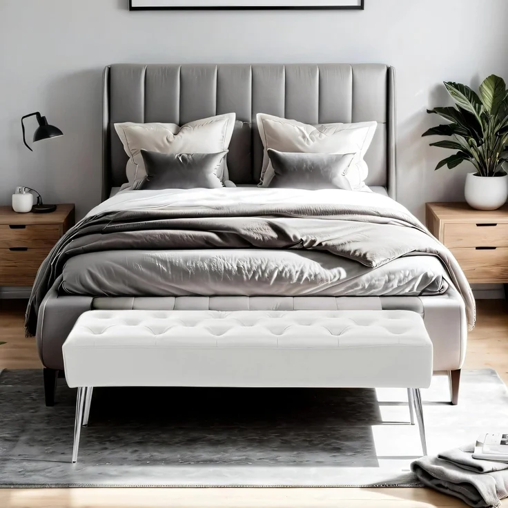 Duhome Sitzbank mit Knöpfen, Gepolstert Polsterbank Schuhbank mit Fußstütze Bettbank Sitzhocker für Eingangsbereich Wohnzimmer Schlafzimmer, Weiß – Bild 4