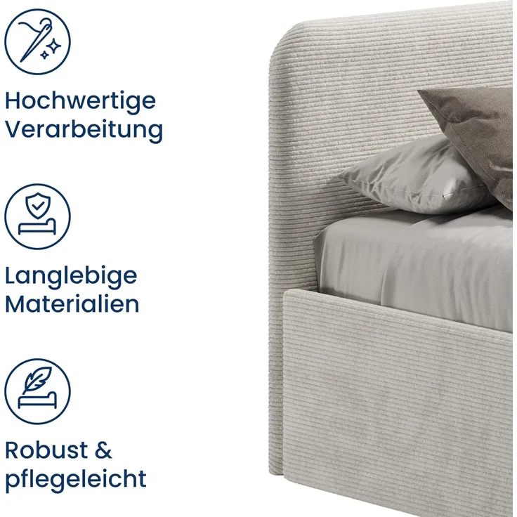Home Collective Polsterbett Bett mit Stauraum, verstellbarem Lattenrost, viele Größen (Größen: 100x200 120x200 140x200 160x200 180x200 200x200, hochwertiger Kordstoff, made in Germany), wählbare Matratze Federkern oder Kaltschaum, Hellbeige – Bild 5