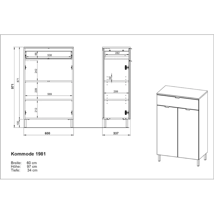Germania Kommode GW-Arcena 1981-572, in Kaschmir, mit Metallfüßen, 60 x 97 x 34 cm (BxHxT) – Bild 3