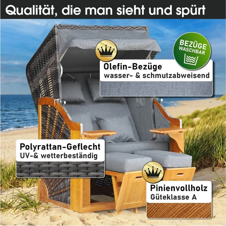 BRAST Strandkorb BRAST Strandkorb Bornholm Premium, 123cm Breite, 3 Designs, Volllieger, Bornholm, (Pinien Vollholz, UV-beständig), inkl. Premium-Schutzhaube – Bild 4
