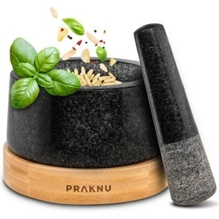 Praknu Mörser Mörser mit Stößel aus Granit - Für ein feines Mahlergebnis - Mit, Für ein feines Mahlergebnis - Untersetzer aus nachhaltigem FSC Holz – Bild 6