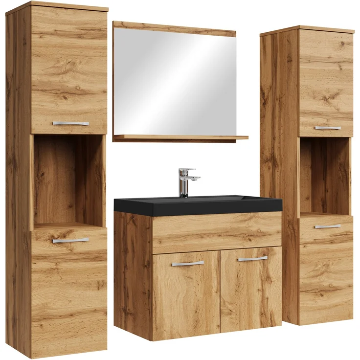 Badplaats Badmöbel Komplettset Montreal XL 60x35 cm Eiche - Mit Schwarze Waschbecken, Spiegel und 2 Badezimmerschränke – Bild 1
