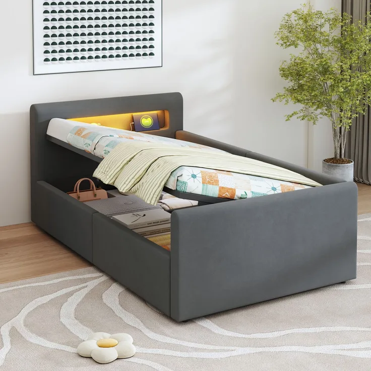 Polsterbett Kinderbett 90*200 cm, Mit LED-Licht, Mit Nachtlicht und USB-Ladeanschluss, Mit Regal, Mit Hydraulischem Stauraum, Einfaches Einzelbett, Jungen- und Mädchenbetten, Samtstoff, Dunkelgrau