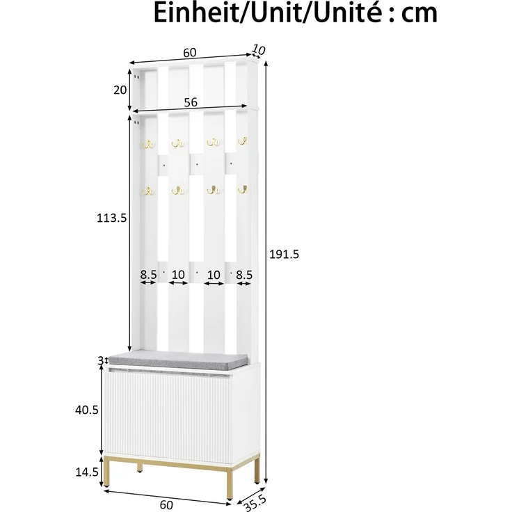 DESVIAE Garderobenschrank Weiß aus MDF/Spanplatte – 60x191,5x35,5 cm – LED-Beleuchtung, 8 Doppelhaken – Bild 10