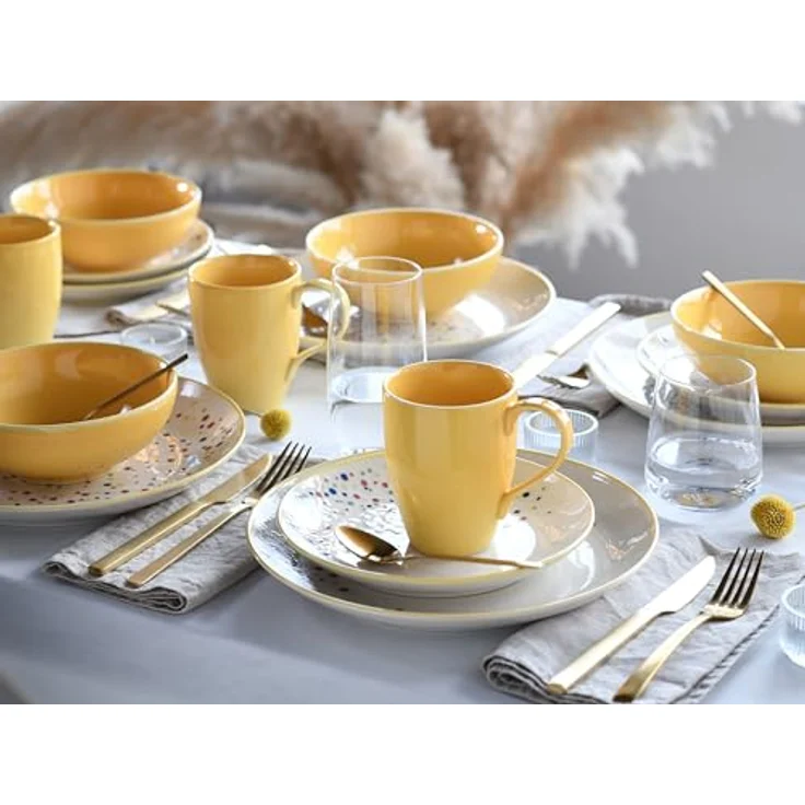 Creatable Kombiservice Joy, 16-teiliges Geschirr-Set in Creme und Gelb, handbemalt, lebensmittelecht, stapelbar, Keramik mit Punkten, 300 ml und 400 ml – Bild 3