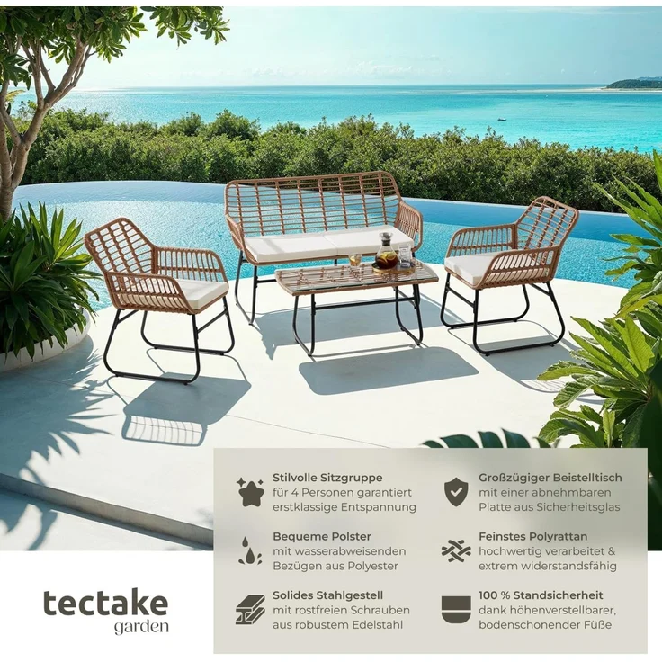tectake® Outdoor Rattan Sitzgruppe, Möbel, Balkonmöbel, Gartenmöbel Set mit 1x Gartenbank, 2X Stühle + Tisch, Balkonmöbelset für Garten, Terrasse, Balkon - Natur – Bild 2