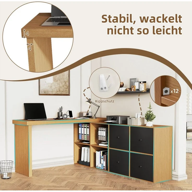 Celya Eckschreibtisch Ecktisch, Tischplatte 360°schwenkbar, L-förmig oder gerade aufstellbar (4 Schubladen - Schreibtisch, nach links gerichtet), Tischplatte und Beine 4 cm verstärkt, mit 4 Fächern,Schwarz – Bild 3