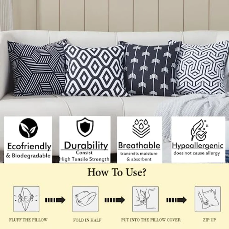 Penguin Home 4Er - Pack Dekorative Quadratische Kissen Aus Baumwolle, Luxuriöse, Stilvolle Für Wohnzimmer, Sofa, Schlafzimmer, Mit Unsichtbarem Reißverschluss, 45X45 cm (18"),Schwarz/Weiß - Mischen – Bild 6
