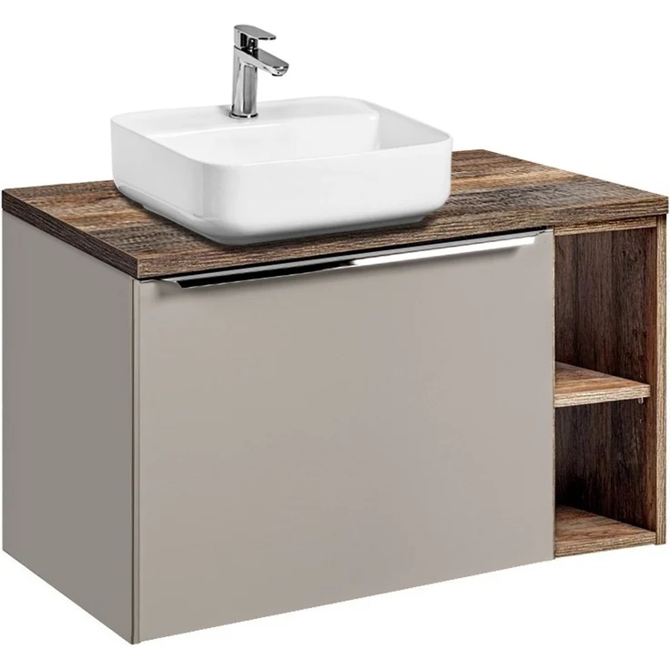 Waschtischunterschrank 80cm mit Regal & Keramikbecken PUEBLA-56-TAUPE in taupe mit Vintage Oak, B/H/T ca.: 80,4/62,5/46 cm – Bild 1