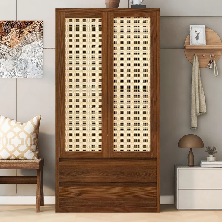 Kleiderschrank 90 x 50 x 170 cm aus Holz und MDF mit Rattan-Design und 2 Schubladen – Bild 3