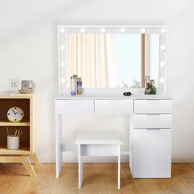 oyajia Schminktisch Kosmetiktisch mit Spiegel und Hocker, Kosmetikspiegel und 5 Schubladen (Make-up Tisch mit 5 Schubladen und 3 offene Ablagen, mit USB-Anschluss), Frisierkommode mit LED Beleuchtung,Schlafzimmermöbel Vanity Set – Bild 2