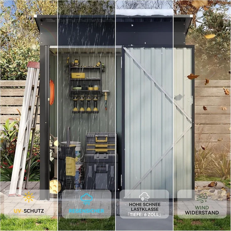 Aoxun Metall Gerätehaus mit Boden & 2 verstellbaren Einlegeböden, 150x91 x 185 cm, Outdoor-Schuppen, mit Lüftungsschlitz und Schiebetür, Werkzeugaufbewahrung, Fahrradschuppen, für Terrasse, Rasen, Schwarz – Bild 3