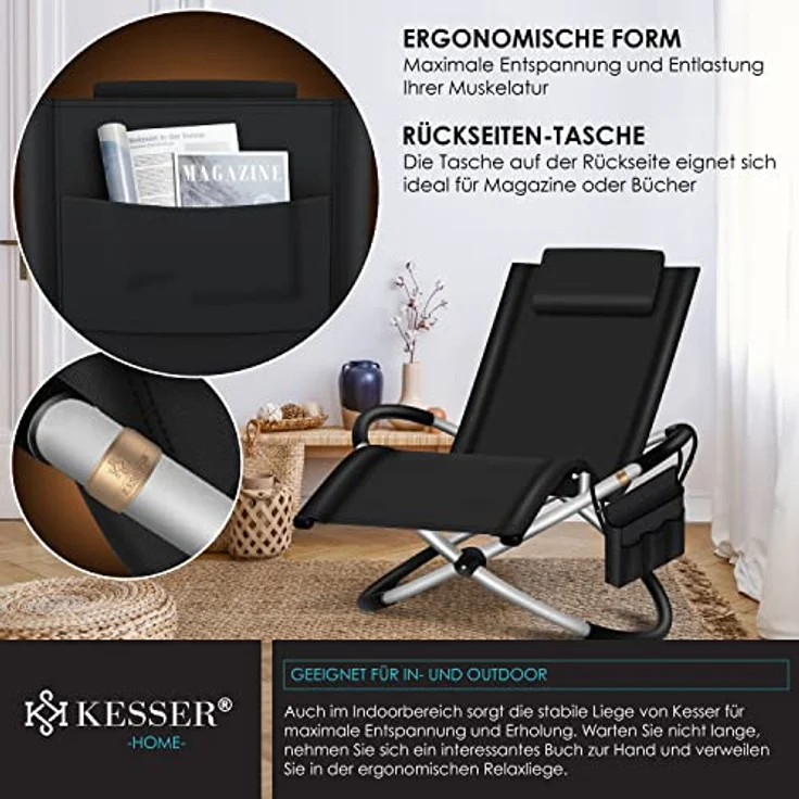 KESSER® Relaxliege Liegestuhl Inkl. Tasche + Abdeckung Gartenliege Sonnenliege Gartenstuhl Klappstuhl faltbar | Schwungliege | Schaukelsessel | ergonomische Relaxsessel | 180kg Belastung, Schwarz – Bild 7