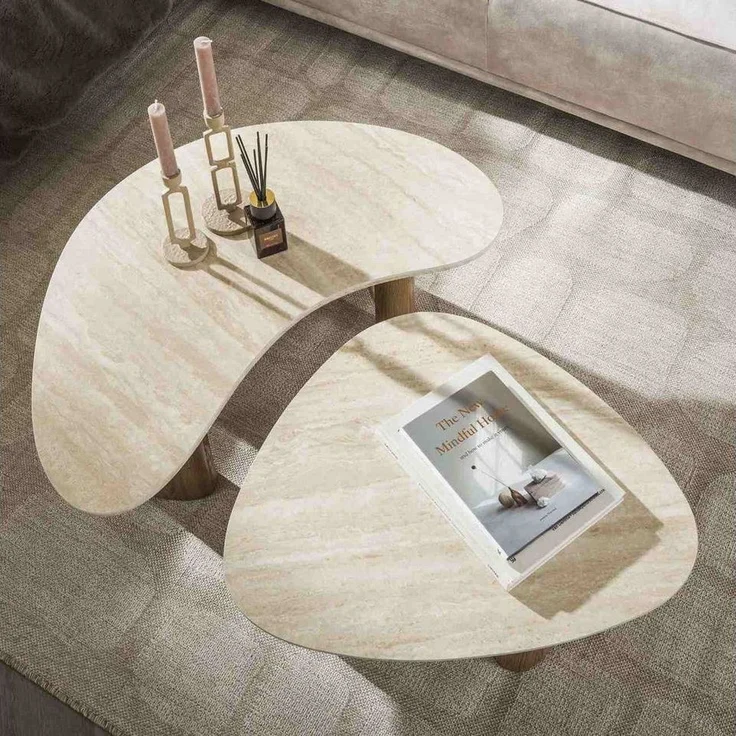 Feeling4Home Couchtisch 2er-Set Couchtisch Joradis - Keramik in Travertin-Optik, Organisch, Luxuriöse Keramikplatte in Travertin-Optik, Schweizer Kante – Bild 1
