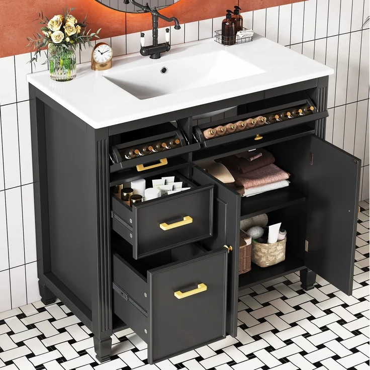 Freistehender Waschtisch 91x46,5x87 cm mit Keramikbecken und Schubladen – Schwarz – Bild 3
