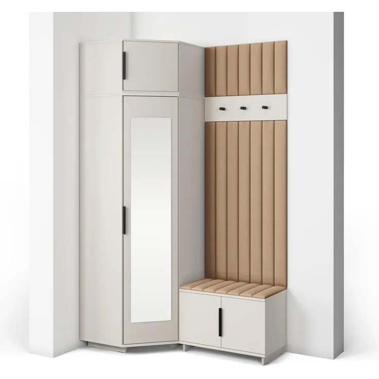 Garderoben-Set Napoli Version 22: Eckschrank mit Polsterpaneelen, Schuhschrank Flur und Eingangsbereich (Cashmere/Trinity 04), 229 x 70 x 140 cm