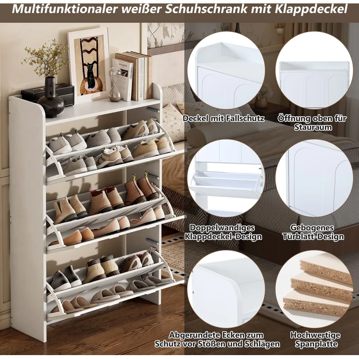 Schuhschrank 70 x 25 x 120 cm aus MDF, weiß, mit Klapptüren und Schublade – Bild 7