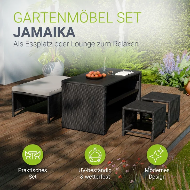 Juskys 2in1 Polyrattan Relax Gartenmöbel Set Jamaika - Tisch, Gartenlounge Sofa - Balkonmöbel Sitzgruppe für Balkon, Garten - Outdoor Lounge schwarz / grau – Bild 2