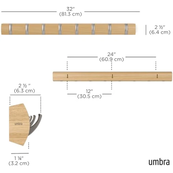 Umbra Flip 8 Garderobenhaken – Moderne, Schlichte und Platzsparende Garderobenleiste mit 8 Beweglichen Haken für Jacken, Mäntel, Schals, Handtaschen und Mehr, Natur – Bild 4