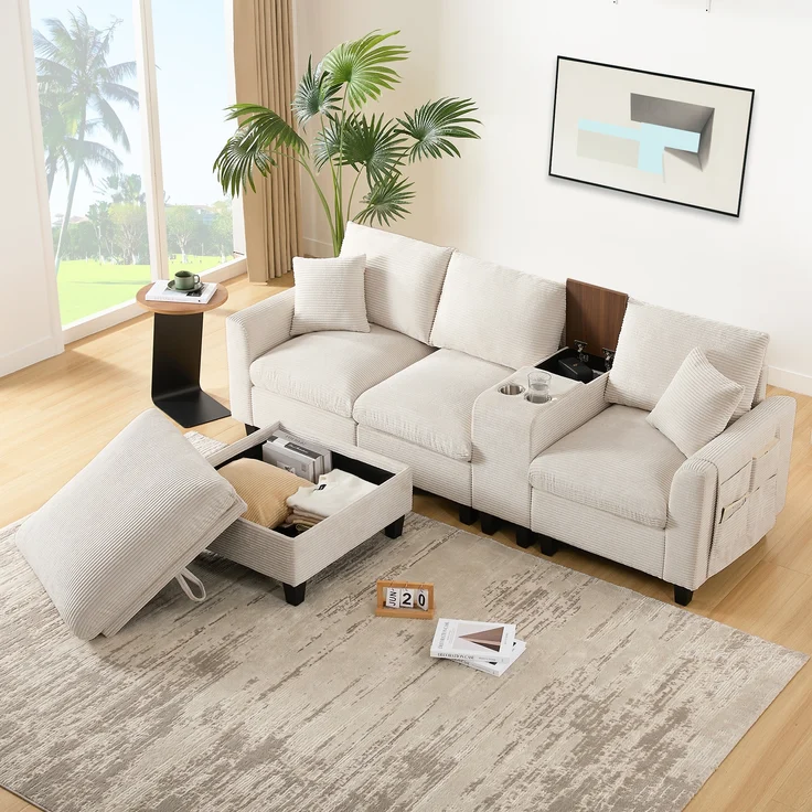 Ecksofa L-Form, umwandelbares Sofa mit Konsole Becherhaltern USB Ladeanschlüssen Armlehnen-Aufbewahrungstasche und Kissen für kleine Räume, Cordstoff, , – Bild 1