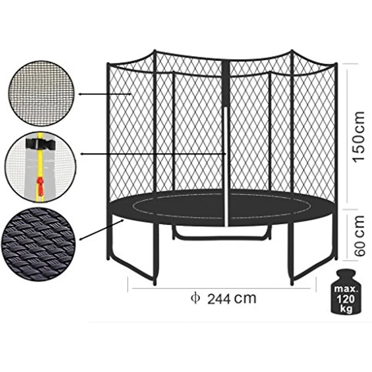 SixBros. SixJump 2,45 M Gartentrampolin Schwarz, inkl. Sicherheitsnetz, Leiter, Wetterplane und verzinkte Bodenhaken, max. 120 kg belastbar – Bild 8
