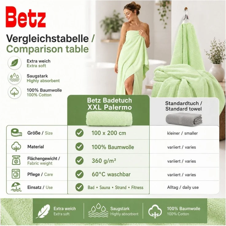 Betz Badetuch XXL 100x200 cm Palermo Saunatuch & Strandtuch Pflegeleicht & saugstark, 100% Baumwolle (1 Stück, 1-St) – Bild 3