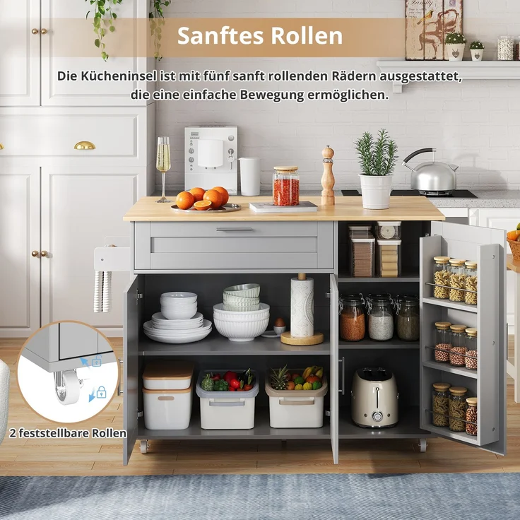 L132.5*B44(70)*H90cm großer mobiler Küchentisch, Arbeitsplatte klappbar, Eiche Maserung, multifunktionaler Schrank, Gewürzregal, Handtuchhalter, 5 Rollen, geeignet für Küche/Essen/Haus – Bild 8