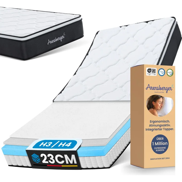 Arensberger EMILIA Federkernmatratze mit GEL-Schaum und integriertem Topper | 180x200 cm Höhe 23cm | Härtegrad H3/ H4 | HR Taschenfederkern Matratze