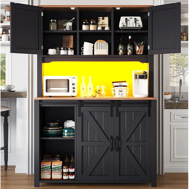 Küchenschrank aus MDF mit LED-Beleuchtung & Schiebetüren, 115x40x174,7 cm, Schwarz – Bild 3