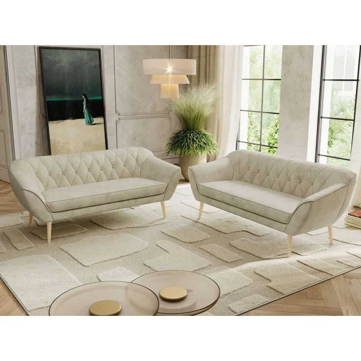 Wohnzimmerset Möbelset PIRS 3-3, Armlehnen, Wellenfederung, Buche Füße, Dreisitzer Sofa, Polstermöbel Set - Hellgrau Velvet – Bild 4