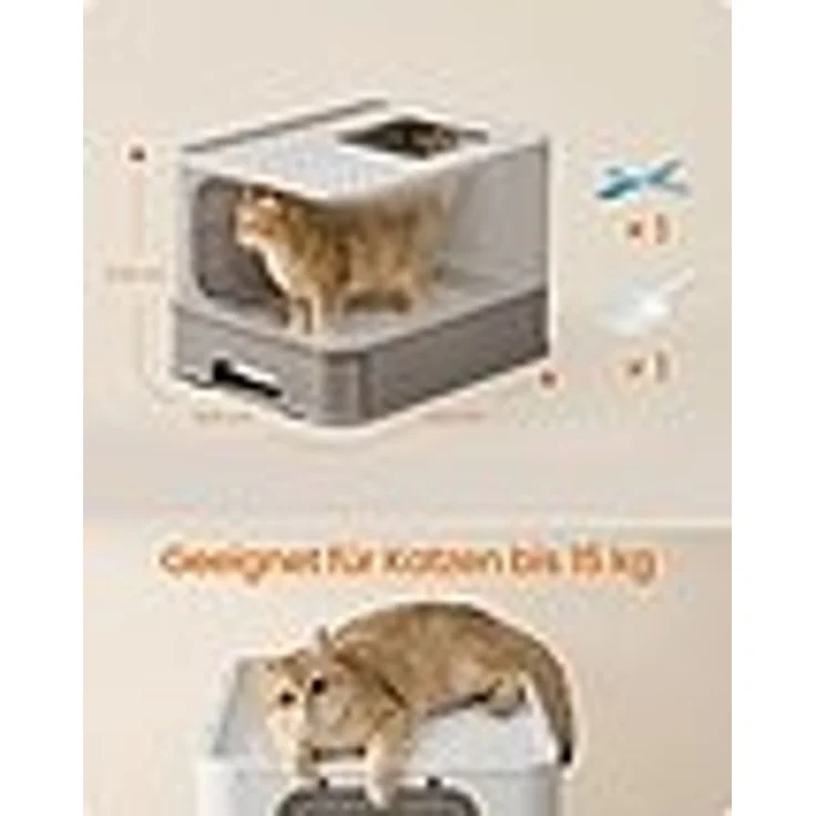 FEANDREA Katzenklo mit Schublade, Edelstahl Katzentoilette, 2 Eingänge, Schaufel und Bürste, für Katzen, hellgrau-dunkelgrau – Bild 5