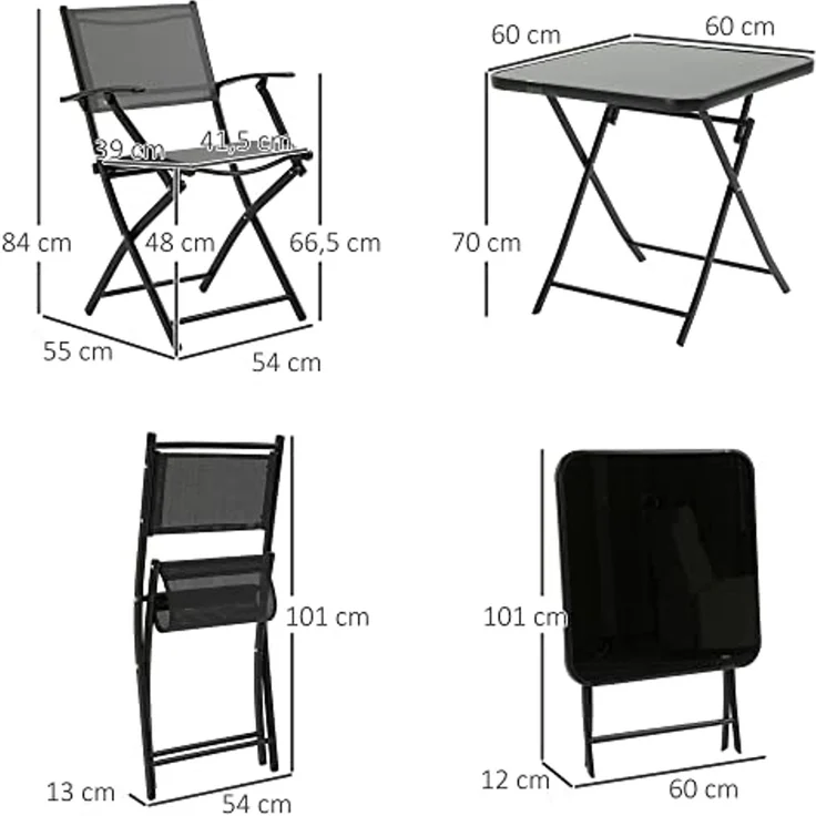 Outsunny Sitzgruppe klappbar 3tlg. Balkonset Balkonmöbel 1 Tisch+2 Stühle Gartenmöbel Set Sitzgarnitur Metall Mesh Schwarz+Grau – Bild 7