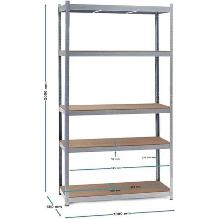 Wiltec Set 2X Schwerlastregal 100 x 60 x 200 cm, 200kg/Ablage, Steckregal verzinkt aus Stahl, Lastenregal mit 5 Ablagen, Werkstattregal – Bild 4