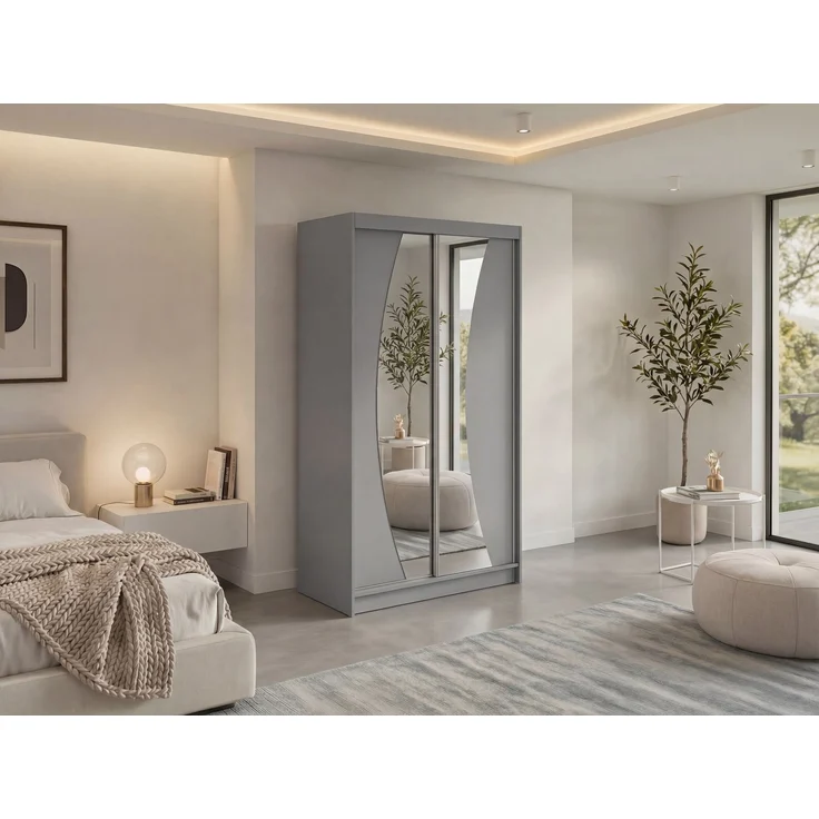 Schwebetürenschrank VERONA mit großer Spiegelfront, moderner Kleiderschrank, Breite 120 cm - Grau, inkl. Innenausstattung – Bild 1