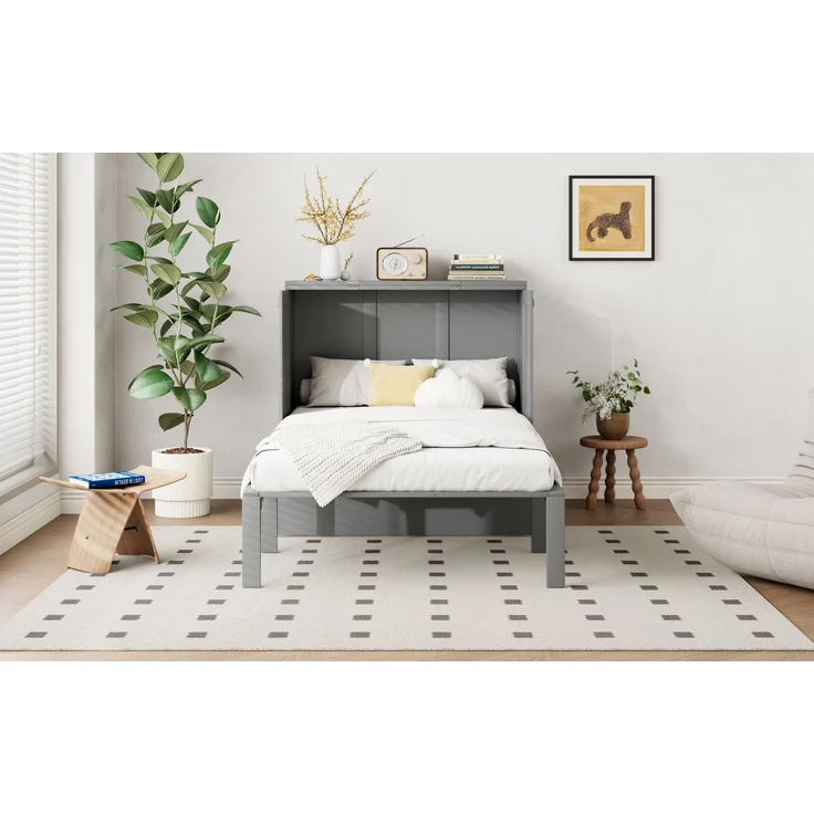 Schrankbett aus Holz, platzsparendes Wandklappbett mit Lattenrost, 90x200 cm, Grau, ohne Matratze – Bild 5