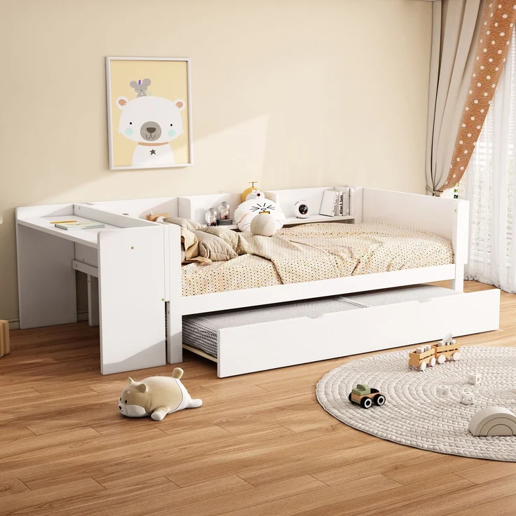 Multifunktionales Kinderbett 90x200 cm mit ausziehbarem Rollbett, Schreibtisch und Regalen, robustes Holz – Bild 2