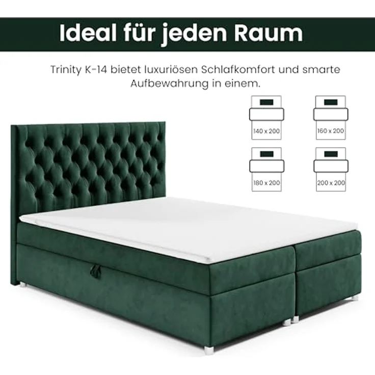 Best For Home Boxbett Trinity K-14, Boxspringbett mit Bettkasten, Grün, 200x200 cm, Höhe ca. 18 cm – Bild 5