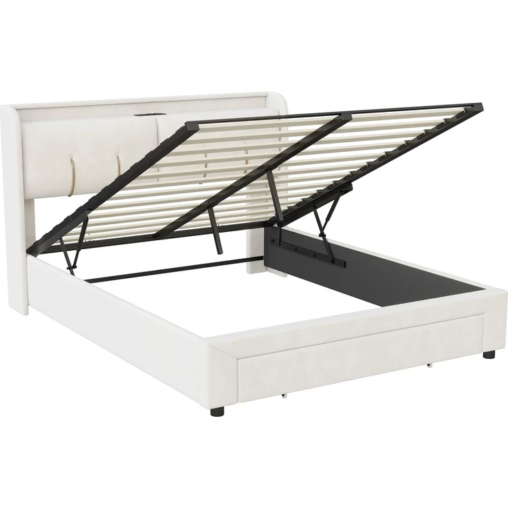 Pressure bed with storage function, light strip and USB charging port, double bed 140 * 200cm beige velvet European standard charger – Bild 3