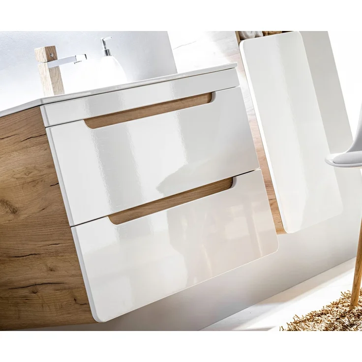 Badezimmer Waschplatz mit 61 cm Keramikwaschtisch LUTON-56 Hochglanz weiß mit Wotan Eiche Nb, B/H/T ca. 60/200/46 cm – Bild 7