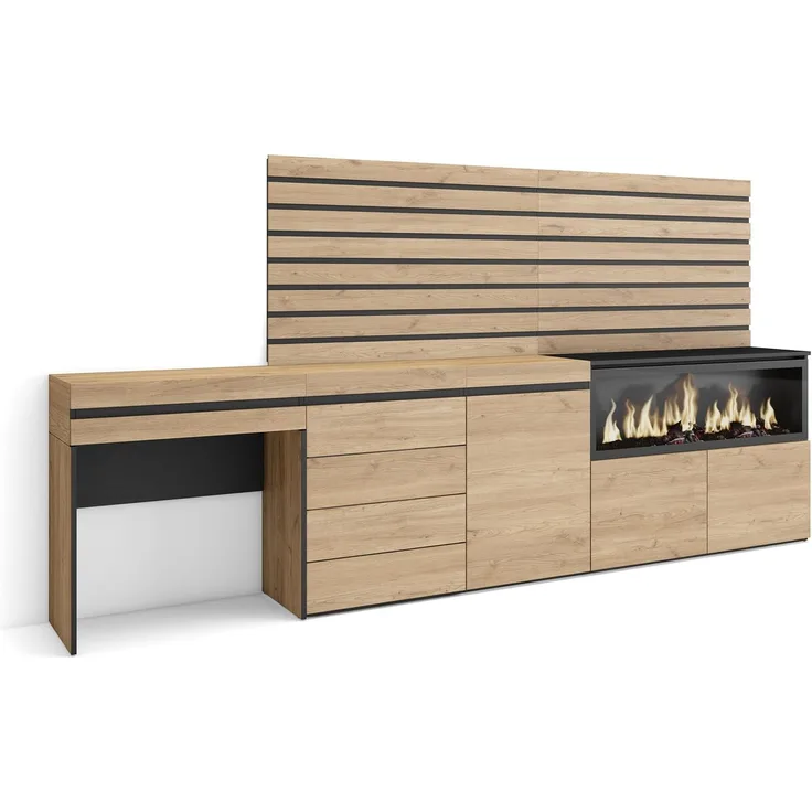 Skraut Home | Schminktisch | Frisiertisch mit Stauraum | 284 x 145 x 35 cm | mit Schublade | Elektrokamin XXL | Kommode mit Schubladen | Lamellenwand Holz | Moderner Stil | Eiche