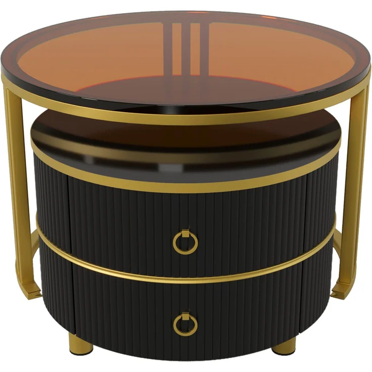 Couchtisch 2-teilig Set mit brauner Glasplatte Hochglanz, Schubladen, Gold Metallbeine,Gold und Schwarz – Bild 6
